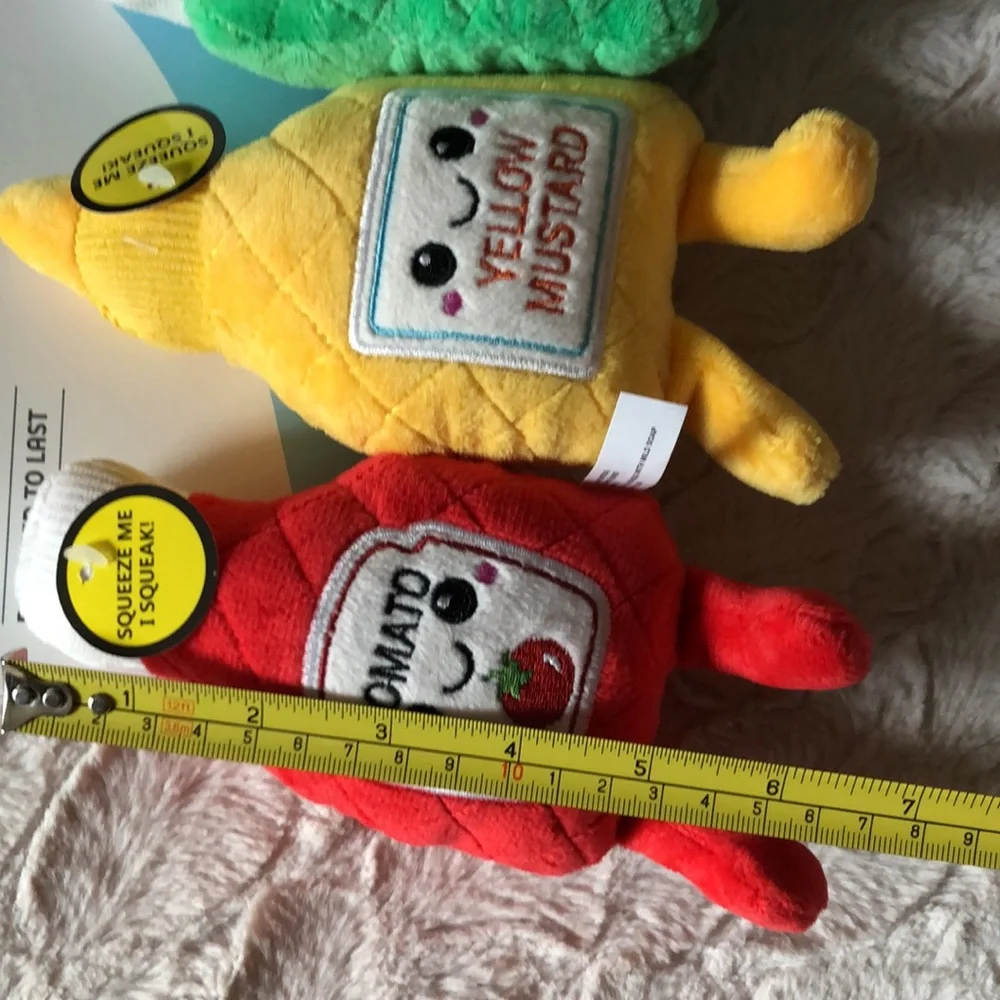 Plush Condiment Trio DOG TOYS - Red Tomato, Yellow Mustard, Green Relish